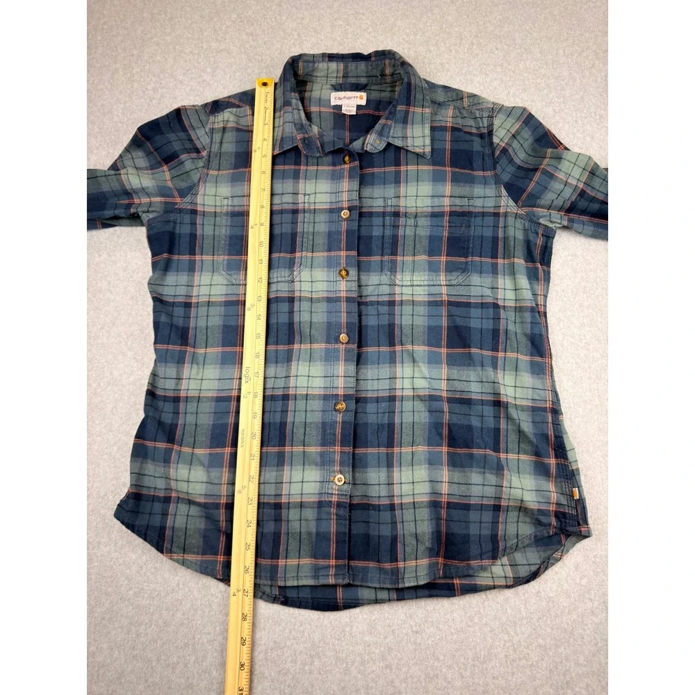 Carhartt Womens Plaid Flannel Shirt Blue L 12/14 Cabincore Gorpcore Cottagecore